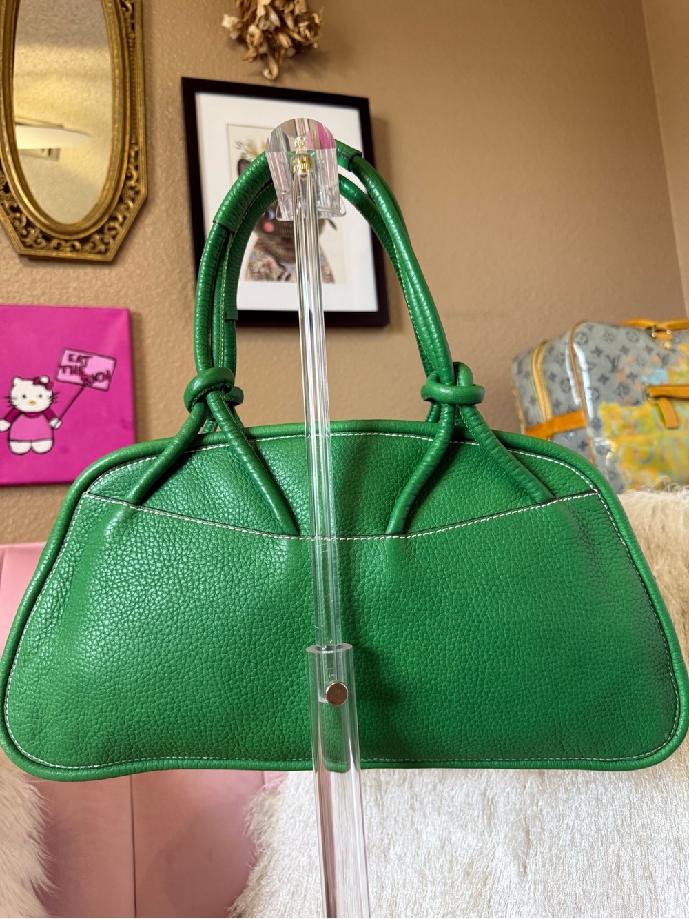 HOGAN Kelly Green Leather Dome Satchel Bag w Knots &Loop Details Silver Hardware - Picture 4 of 16